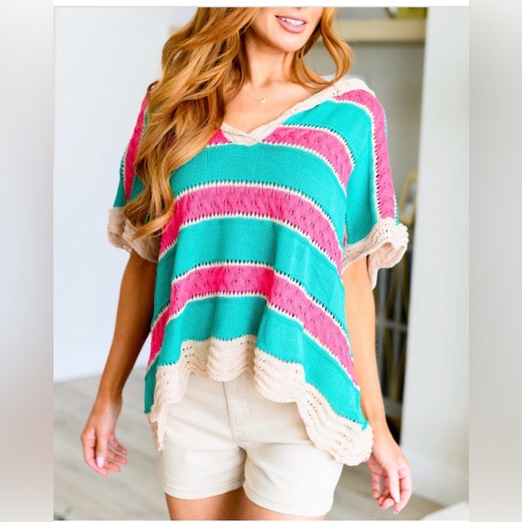 Striped hooded Knit oversized Top in Teal and Pink - Picture 3 of 13